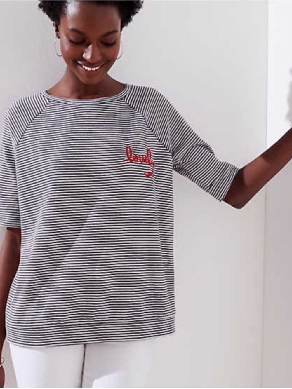 Loft Embroidered Lovely Striped Short Sleeve Top Women XL Maternity Black